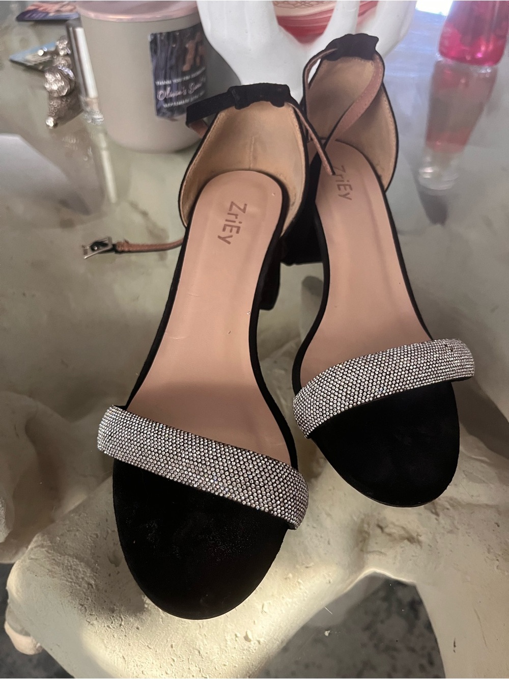 Black Crystal-Embellished Block Heel Sandals 6